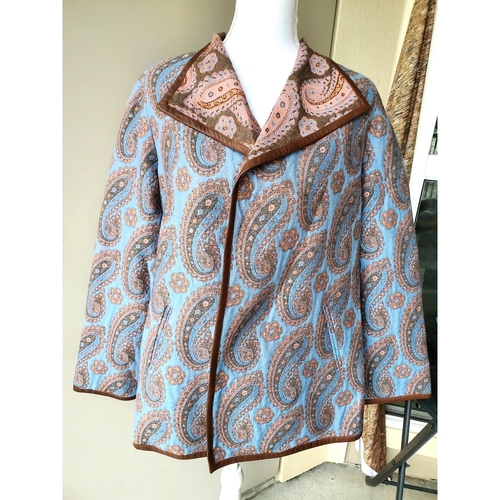 Doncaster Sport Jacket Womens 6 Wool Blend Paisley Leather Trim Pockets Blazer